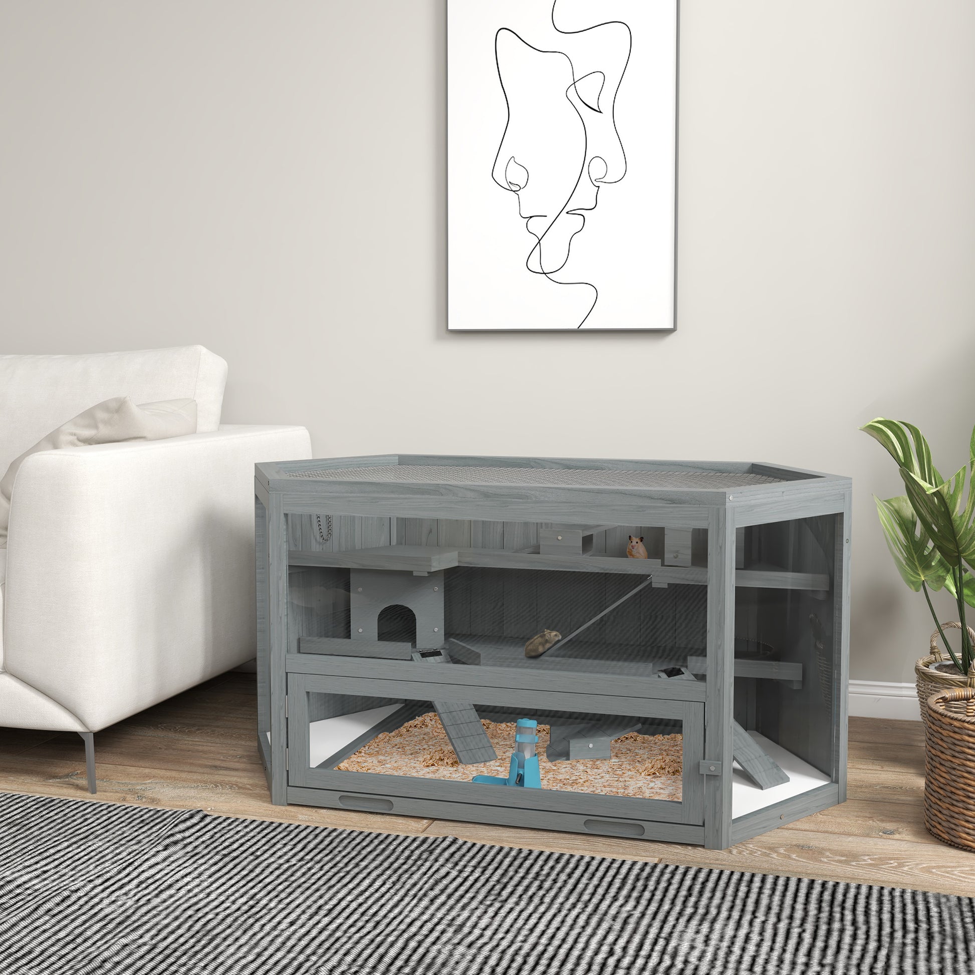 Hamster Cage made of wood 3 floors rodent enclosure small animal cage with foldable lid viewing window ramp food bowl accessories, small animal hutch wooden cage cage for hamster 115x60x55cm Gray