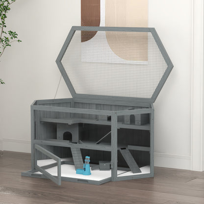 Hamster Cage made of wood 3 floors rodent enclosure small animal cage with foldable lid viewing window ramp food bowl accessories, small animal hutch wooden cage cage for hamster 115x60x55cm Gray