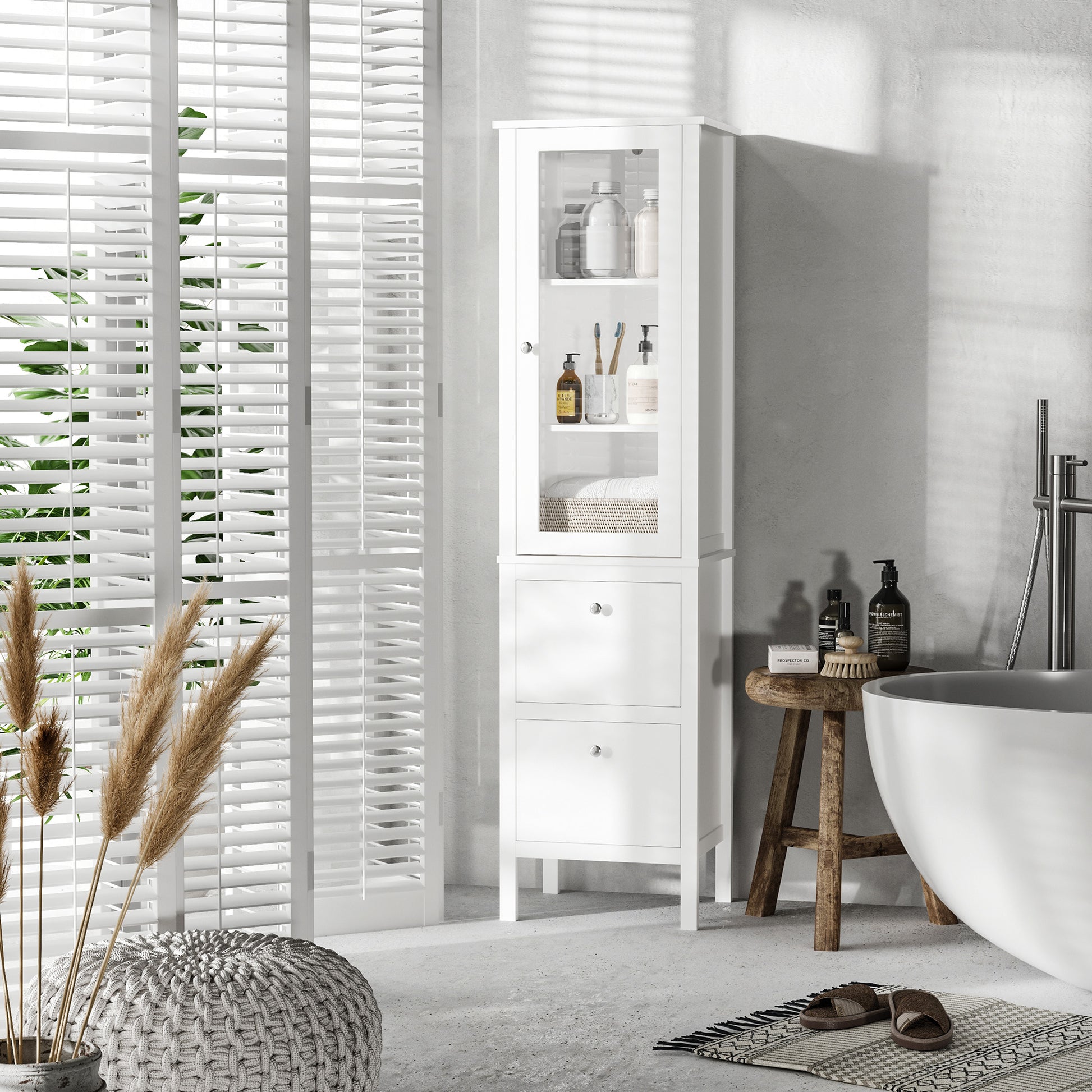 High Bathroom Cabinet Column Furniture with 1 Glass Door Adjustable Shelves and 2 Drawers Multi-Purpose for Living Room Kitchen 17x13.8x63 inches White