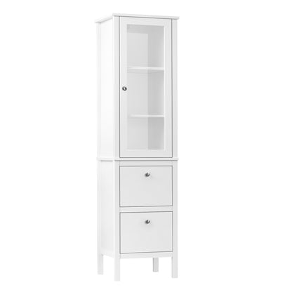 High Bathroom Cabinet Column Furniture with 1 Glass Door Adjustable Shelves and 2 Drawers Multi-Purpose for Living Room Kitchen 17x13.8x63 inches White