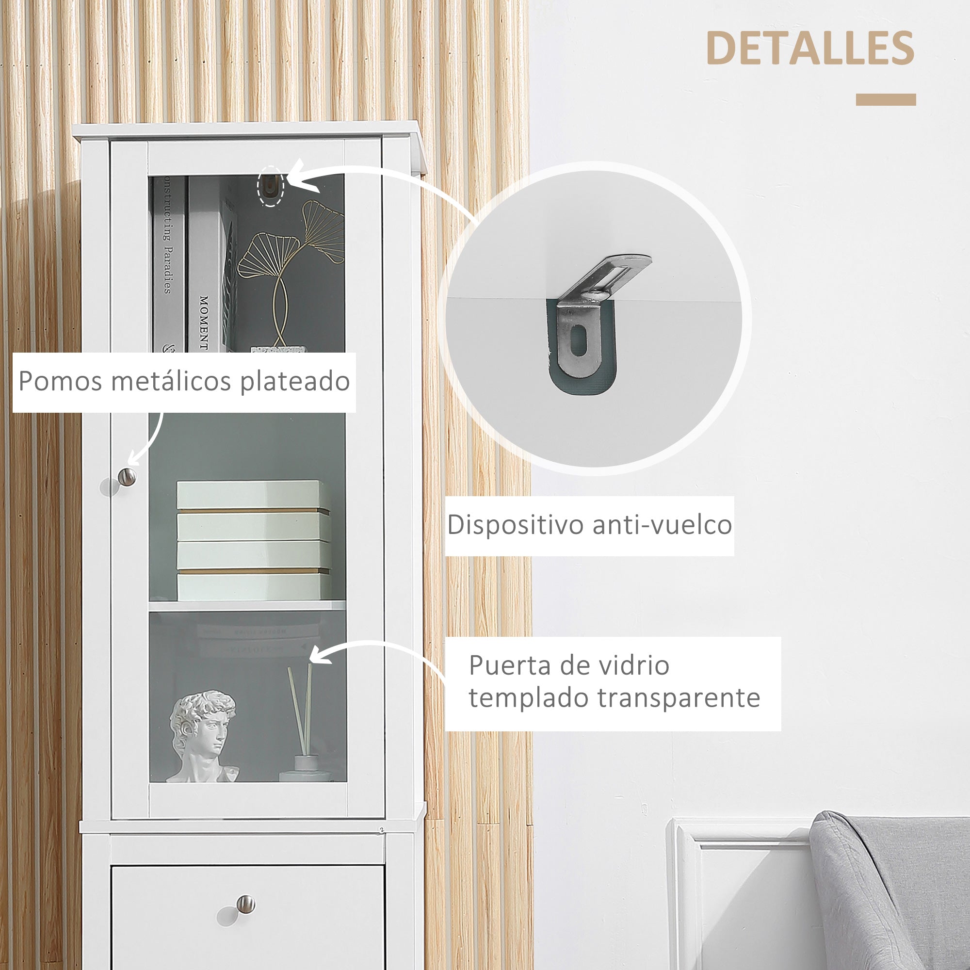 High Bathroom Cabinet Column Furniture with 1 Glass Door Adjustable Shelves and 2 Drawers Multi-Purpose for Living Room Kitchen 17x13.8x63 inches White