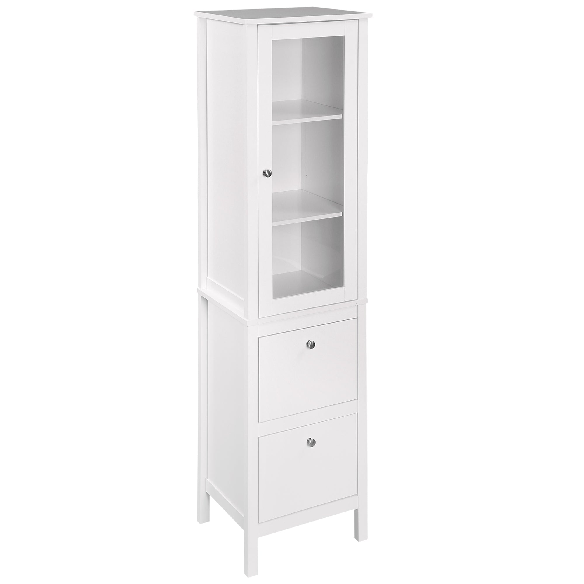 High Bathroom Cabinet Column Furniture with 1 Glass Door Adjustable Shelves and 2 Drawers Multi-Purpose for Living Room Kitchen 17x13.8x63 inches White