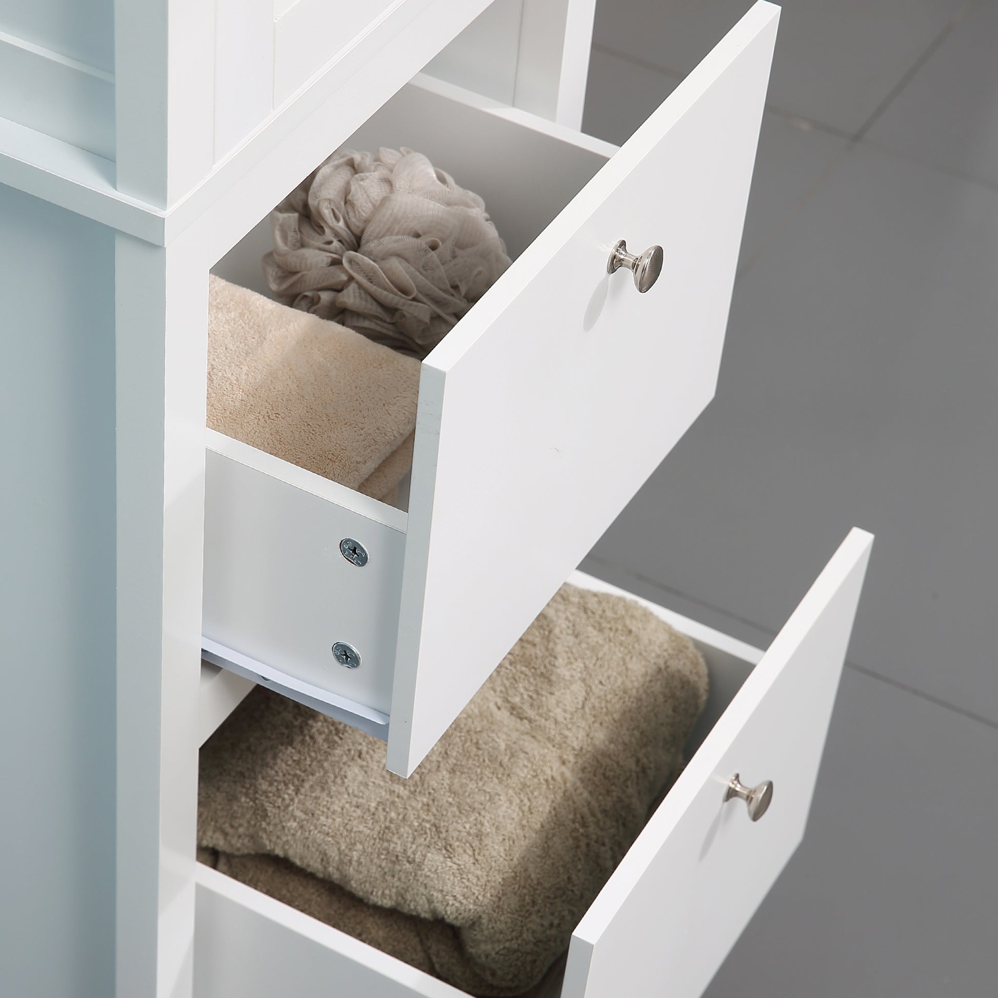 High Bathroom Cabinet Column Furniture with 1 Glass Door Adjustable Shelves and 2 Drawers Multi-Purpose for Living Room Kitchen 17x13.8x63 inches White