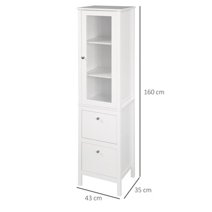 High Bathroom Cabinet Column Furniture with 1 Glass Door Adjustable Shelves and 2 Drawers Multi-Purpose for Living Room Kitchen 17x13.8x63 inches White