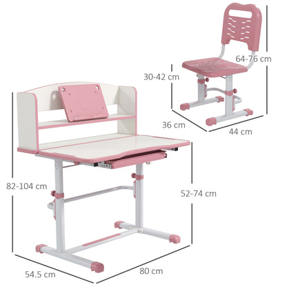 ZONEKIZ Children's Desk with Chair, Adjustable School Desk Set with Drawer and Tiltable Top, Age 6-12 Years, Pink
