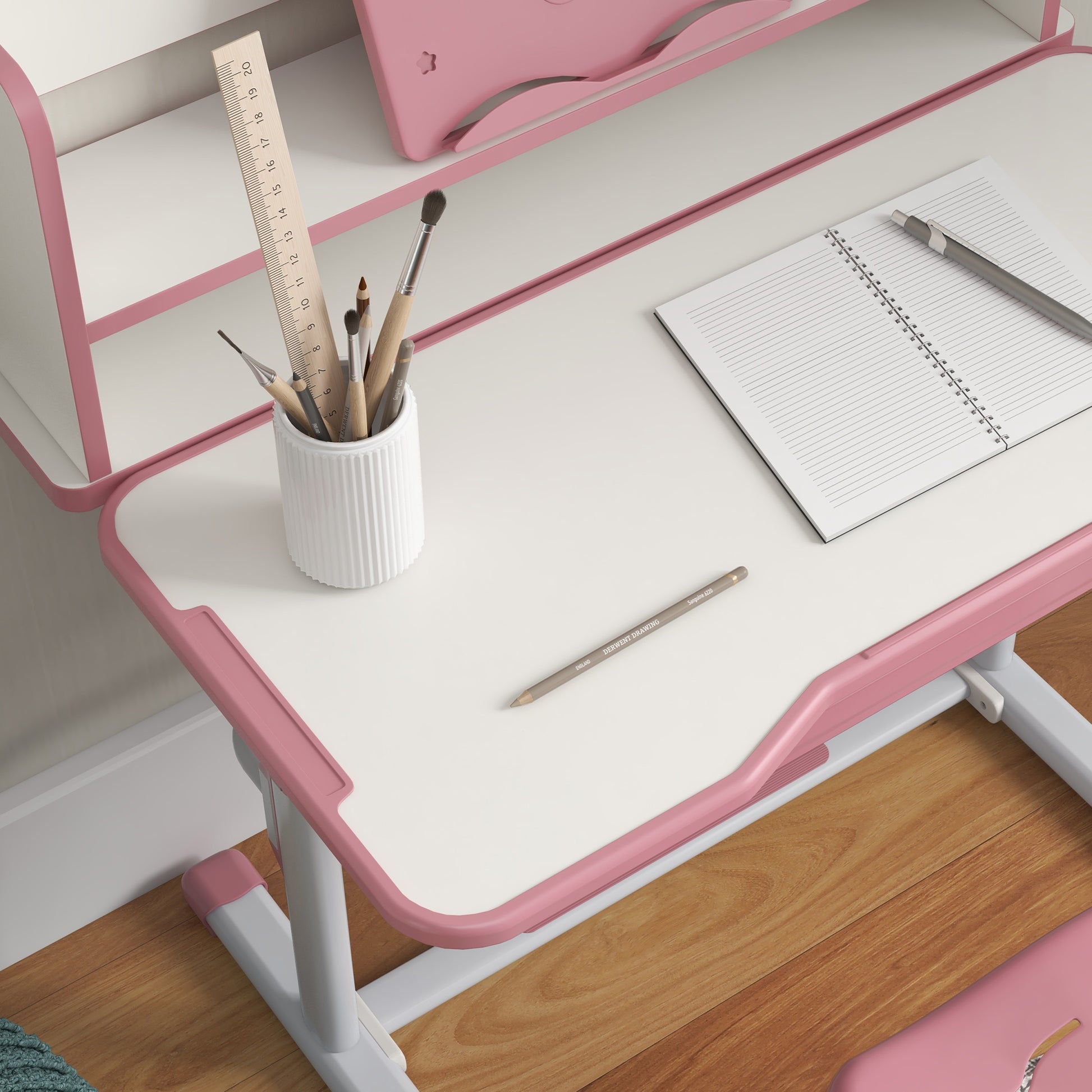 ZONEKIZ Children's Desk with Chair, Adjustable School Desk Set with Drawer and Tiltable Top, Age 6-12 Years, Pink