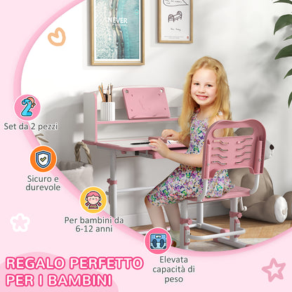 ZONEKIZ Children's Desk with Chair, Adjustable School Desk Set with Drawer and Tiltable Top, Age 6-12 Years, Pink
