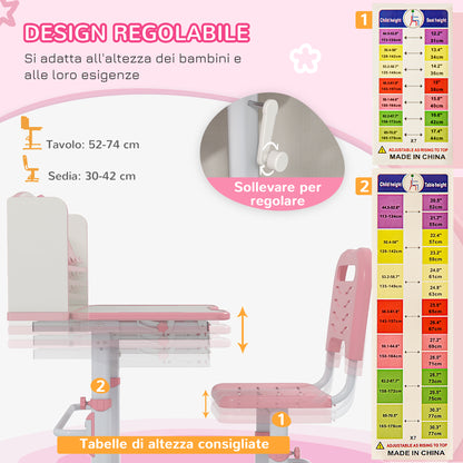 ZONEKIZ Children's Desk with Chair, Adjustable School Desk Set with Drawer and Tiltable Top, Age 6-12 Years, Pink
