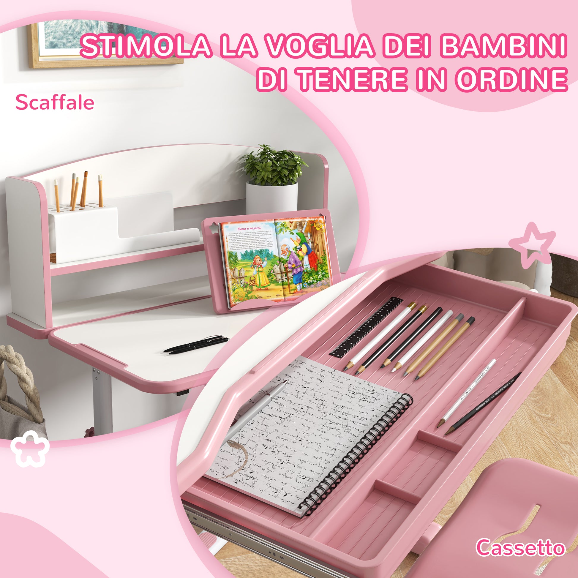 ZONEKIZ Children's Desk with Chair, Adjustable School Desk Set with Drawer and Tiltable Top, Age 6-12 Years, Pink