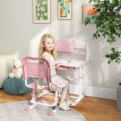ZONEKIZ Children's Desk with Chair, Adjustable School Desk Set with Drawer and Tiltable Top, Age 6-12 Years, Pink