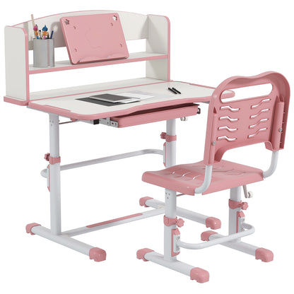 ZONEKIZ Children's Desk with Chair, Adjustable School Desk Set with Drawer and Tiltable Top, Age 6-12 Years, Pink