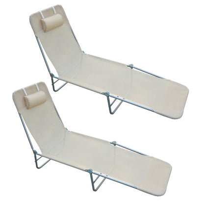 Set of 2 Foldable Sun Loungers with 4-Level Reclining Backrest, Steel and Mesh Fabric Garden Recliner, Beige