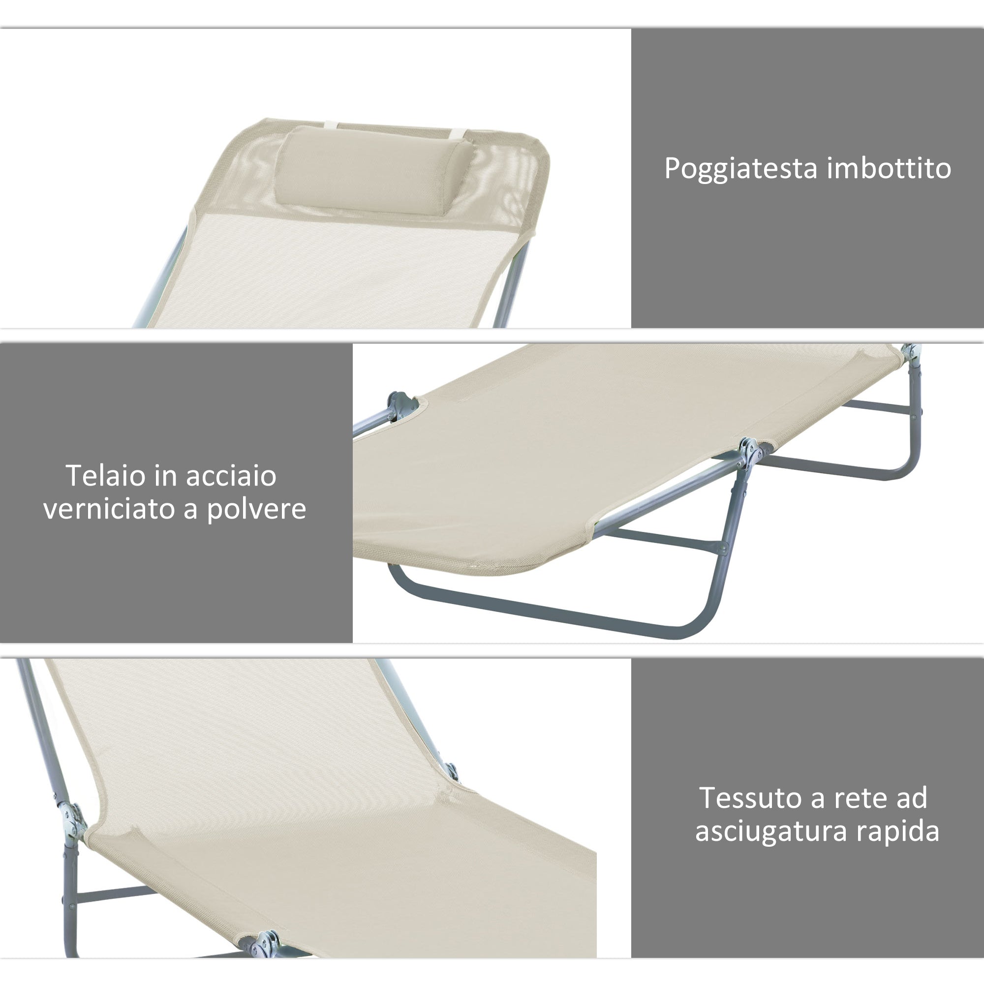 Set of 2 Foldable Sun Loungers with 4-Level Reclining Backrest, Steel and Mesh Fabric Garden Recliner, Beige