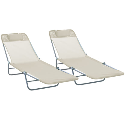 Set of 2 Foldable Sun Loungers with 4-Level Reclining Backrest, Steel and Mesh Fabric Garden Recliner, Beige