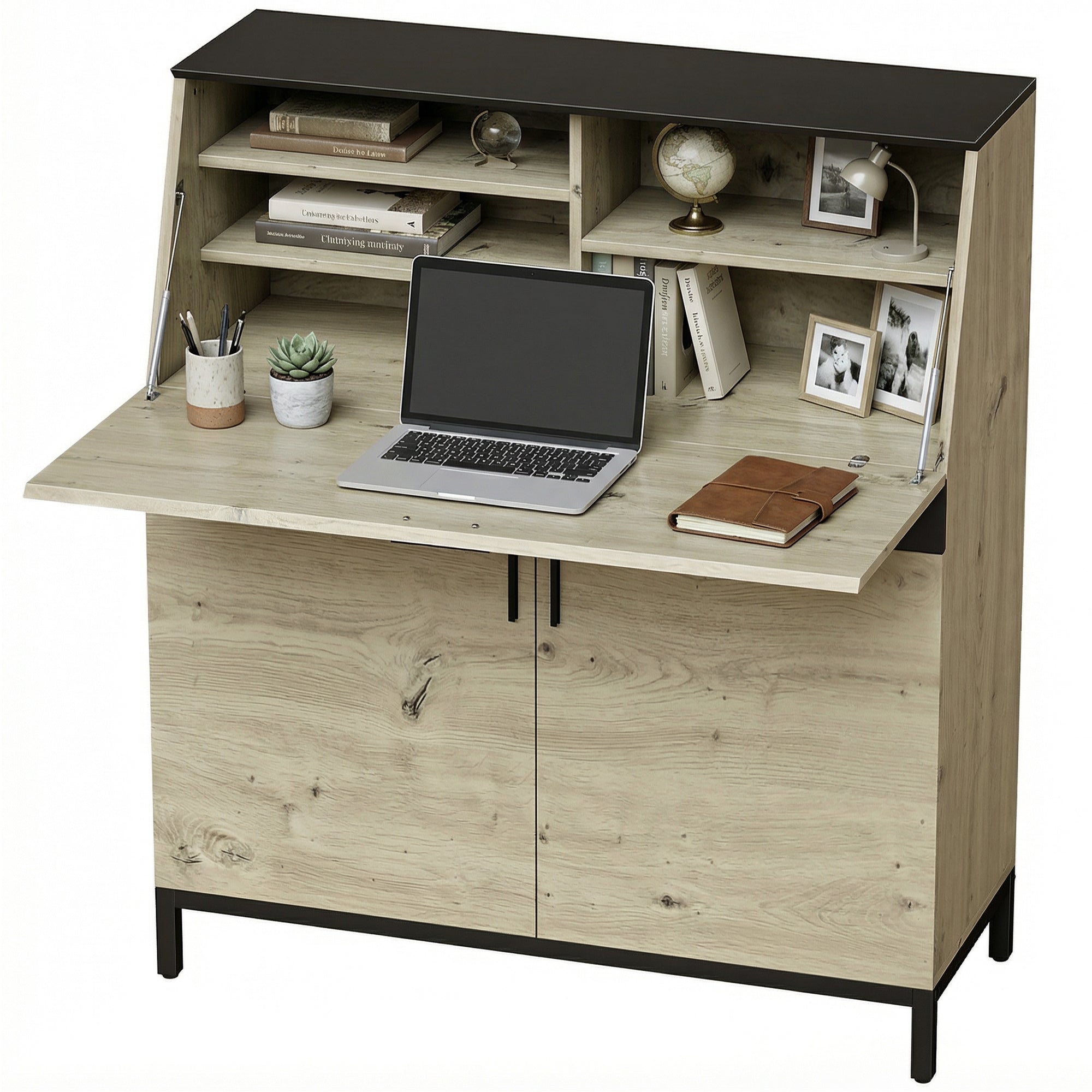 Secretary Desk 100 cm (39.4") — Modern Industrial Computer Desk with Shelves & Cabinet, Office or Bedroom, Natural Wood & Black
