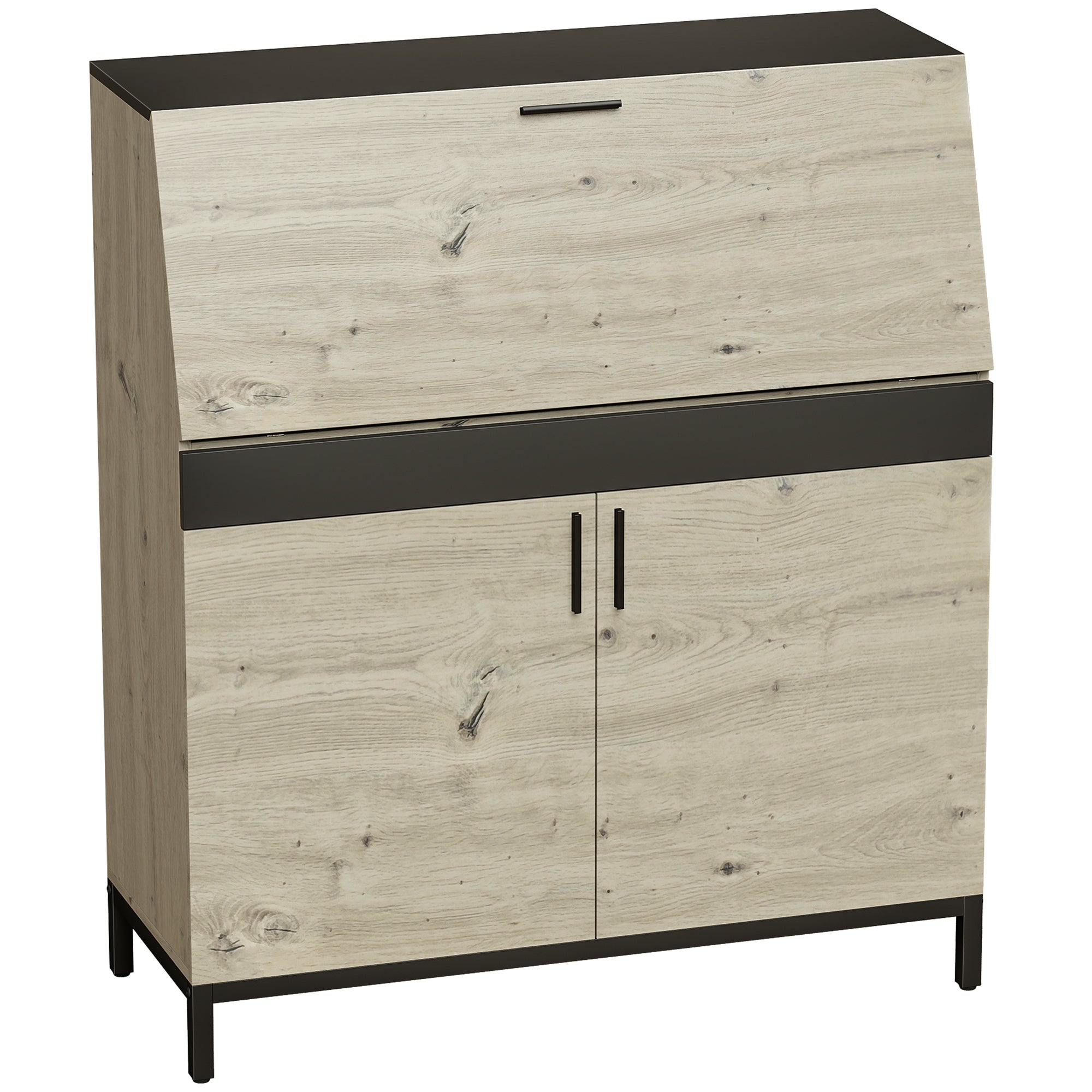 Secretary Desk 100 cm (39.4") — Modern Industrial Computer Desk with Shelves & Cabinet, Office or Bedroom, Natural Wood & Black