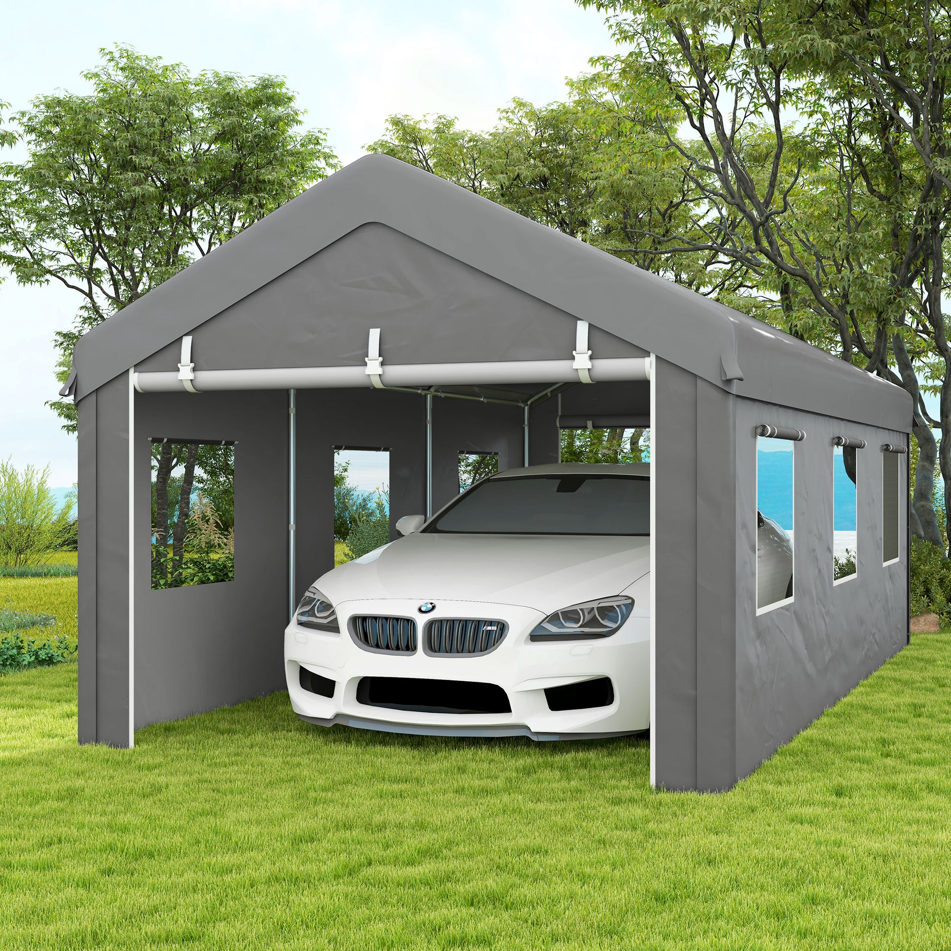 Carport Garage Tent 6L x 2.95W x 2.78H m Sturdy Galvanized Steel High-Density PE 160 g/m² Waterproof Anti-UV, 2 Roll-up Doors and 6 Windows