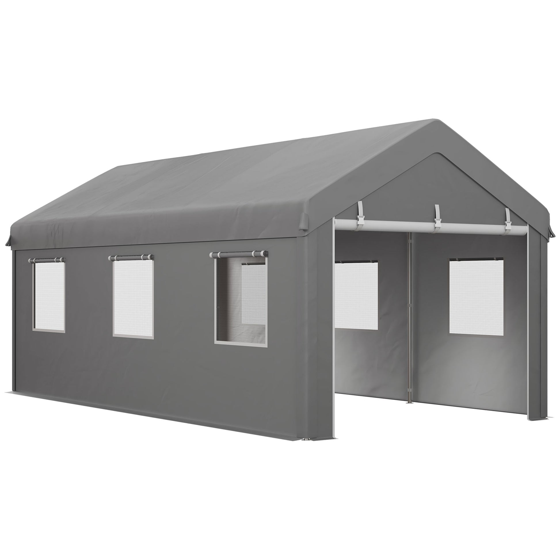 Carport Garage Tent 6L x 2.95W x 2.78H m Sturdy Galvanized Steel High-Density PE 160 g/m² Waterproof Anti-UV, 2 Roll-up Doors and 6 Windows