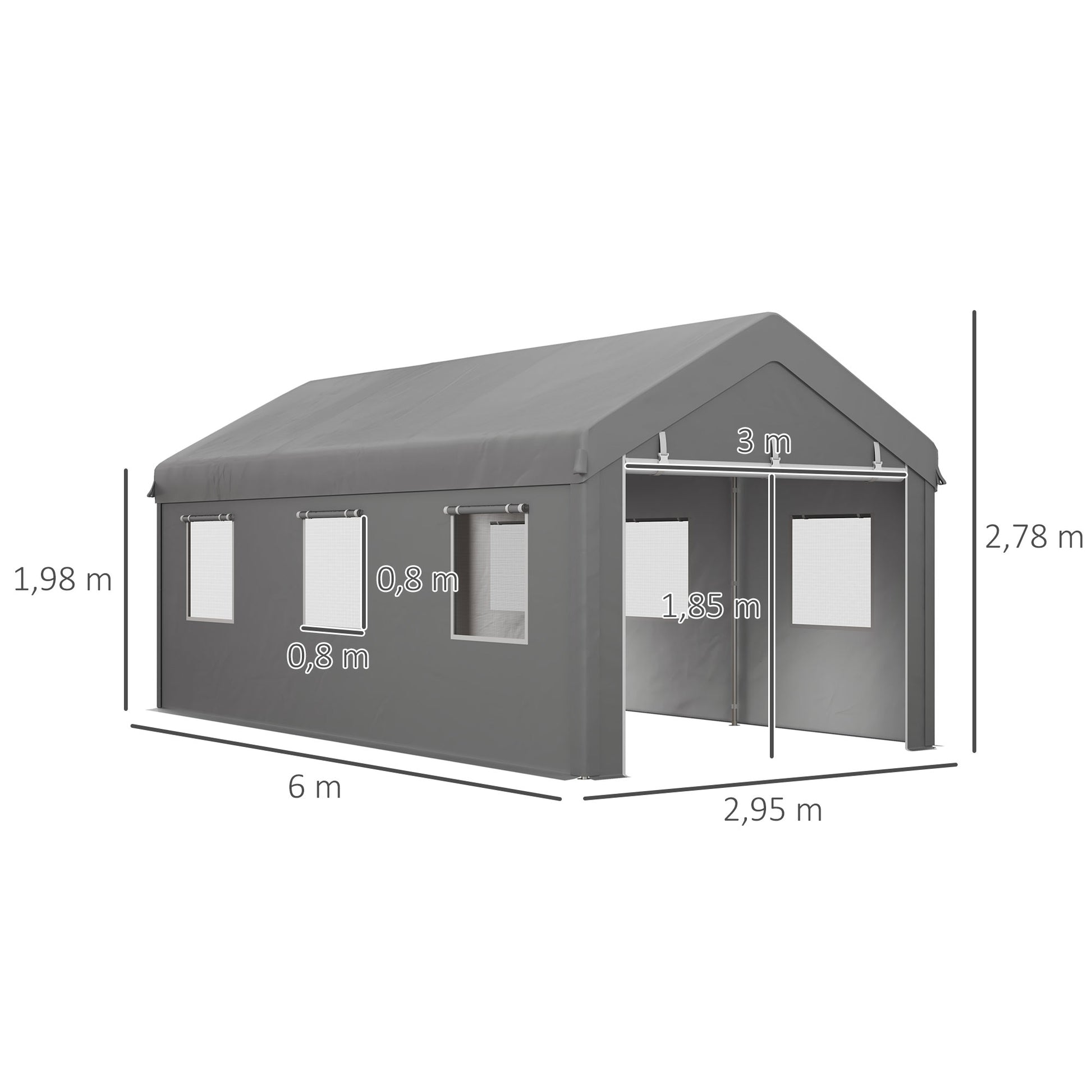 Carport Garage Tent 6L x 2.95W x 2.78H m Sturdy Galvanized Steel High-Density PE 160 g/m² Waterproof Anti-UV, 2 Roll-up Doors and 6 Windows