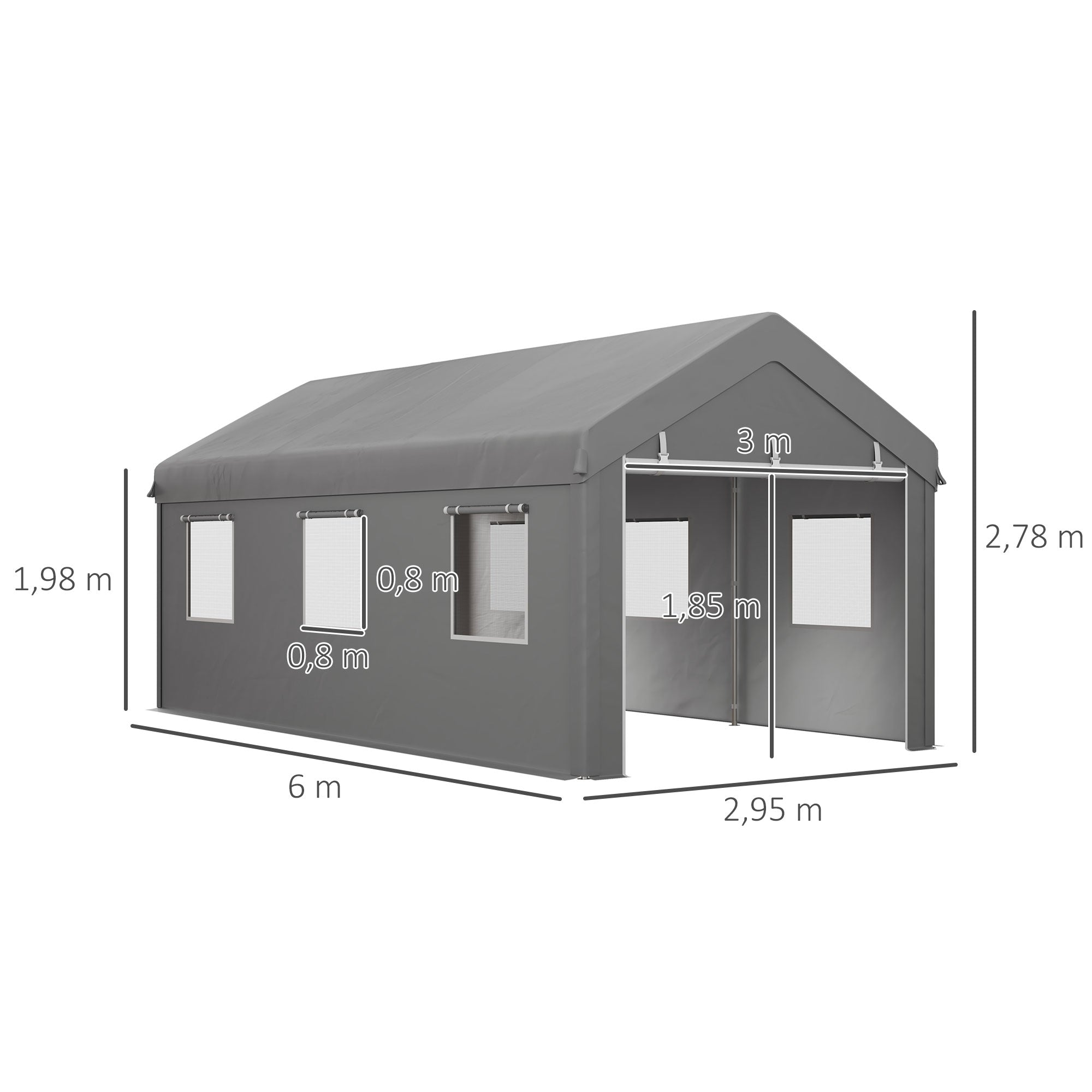 Carport Garage Tent 6L x 2.95W x 2.78H m Sturdy Galvanized Steel High-Density PE 160 g/m² Waterproof Anti-UV, 2 Roll-up Doors and 6 Windows
