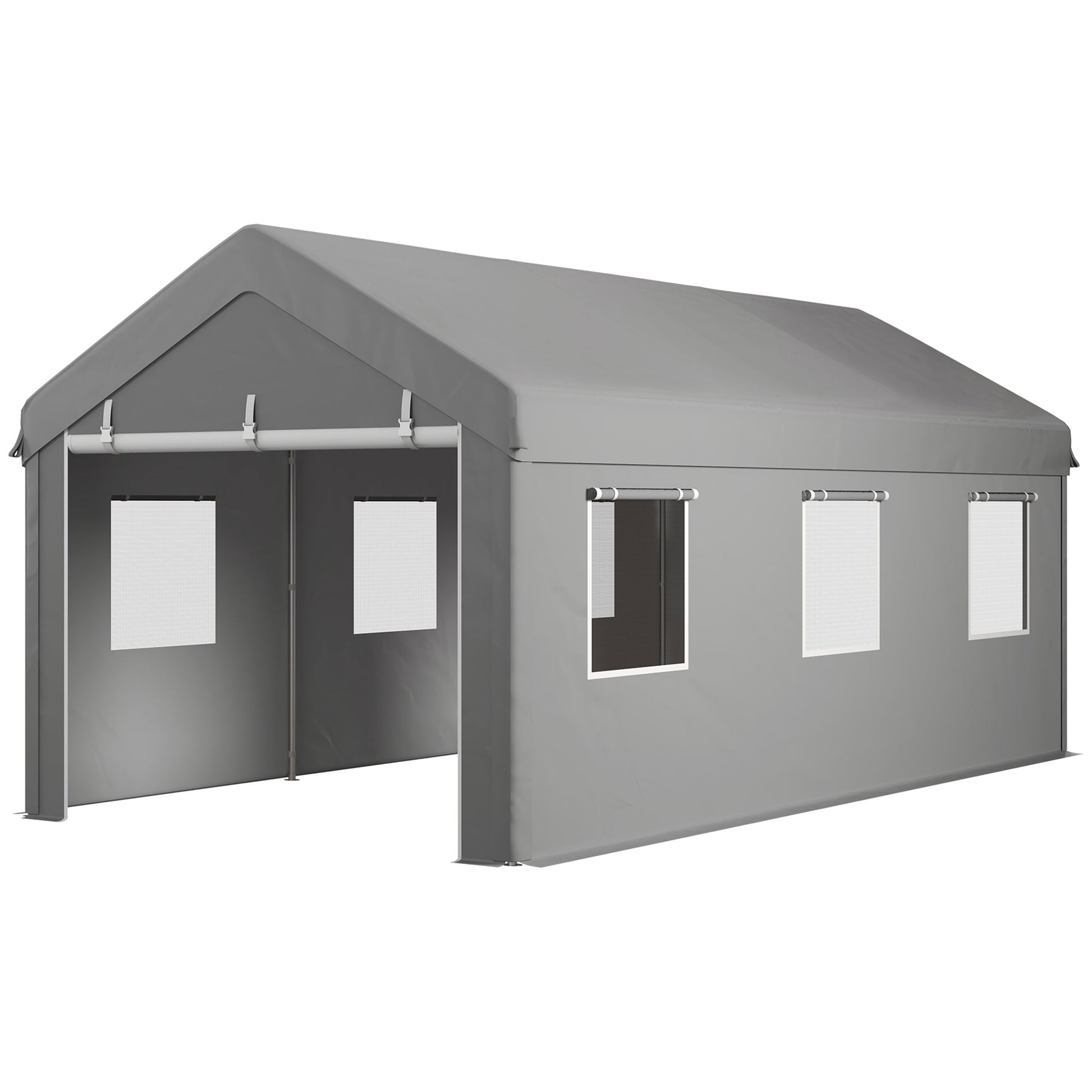 Carport Garage Tent 6L x 2.95W x 2.78H m Sturdy Galvanized Steel High-Density PE 160 g/m² Waterproof Anti-UV, 2 Roll-up Doors and 6 Windows