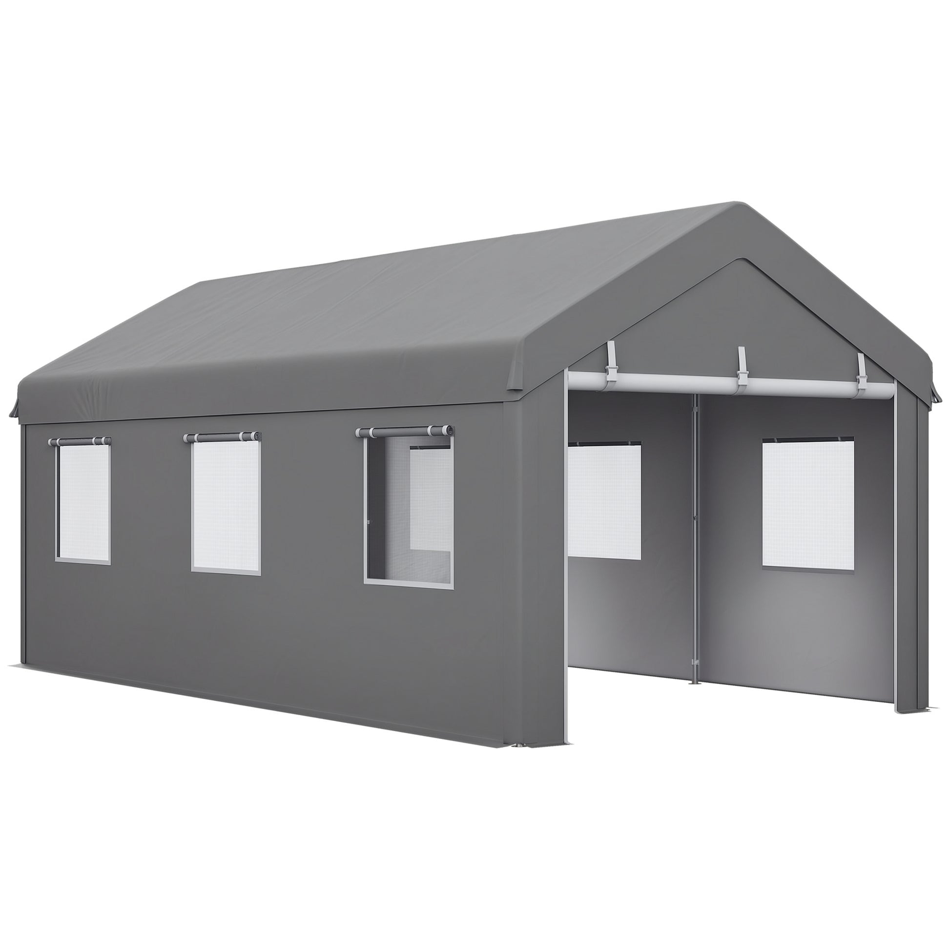 Carport Garage Tent 6L x 2.95W x 2.78H m Sturdy Galvanized Steel High-Density PE 160 g/m² Waterproof Anti-UV, 2 Roll-up Doors and 6 Windows