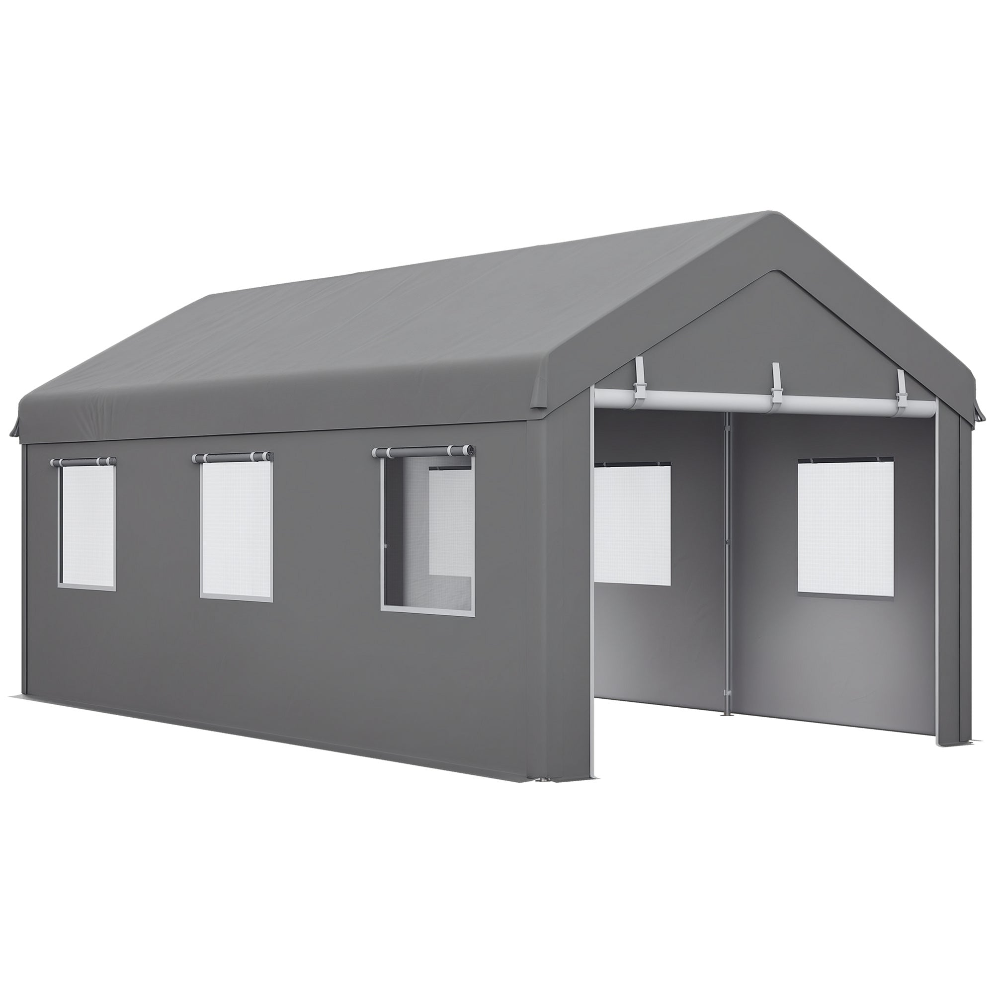Carport Garage Tent 6L x 2.95W x 2.78H m Sturdy Galvanized Steel High-Density PE 160 g/m² Waterproof Anti-UV, 2 Roll-up Doors and 6 Windows