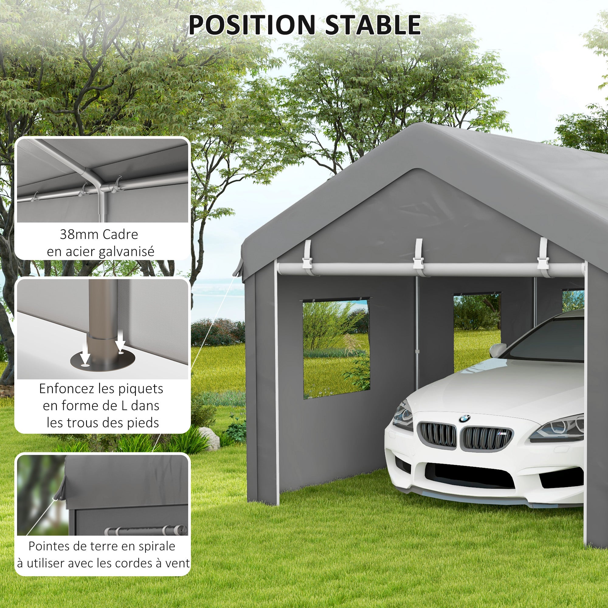 Carport Garage Tent 6L x 2.95W x 2.78H m Sturdy Galvanized Steel High-Density PE 160 g/m² Waterproof Anti-UV, 2 Roll-up Doors and 6 Windows