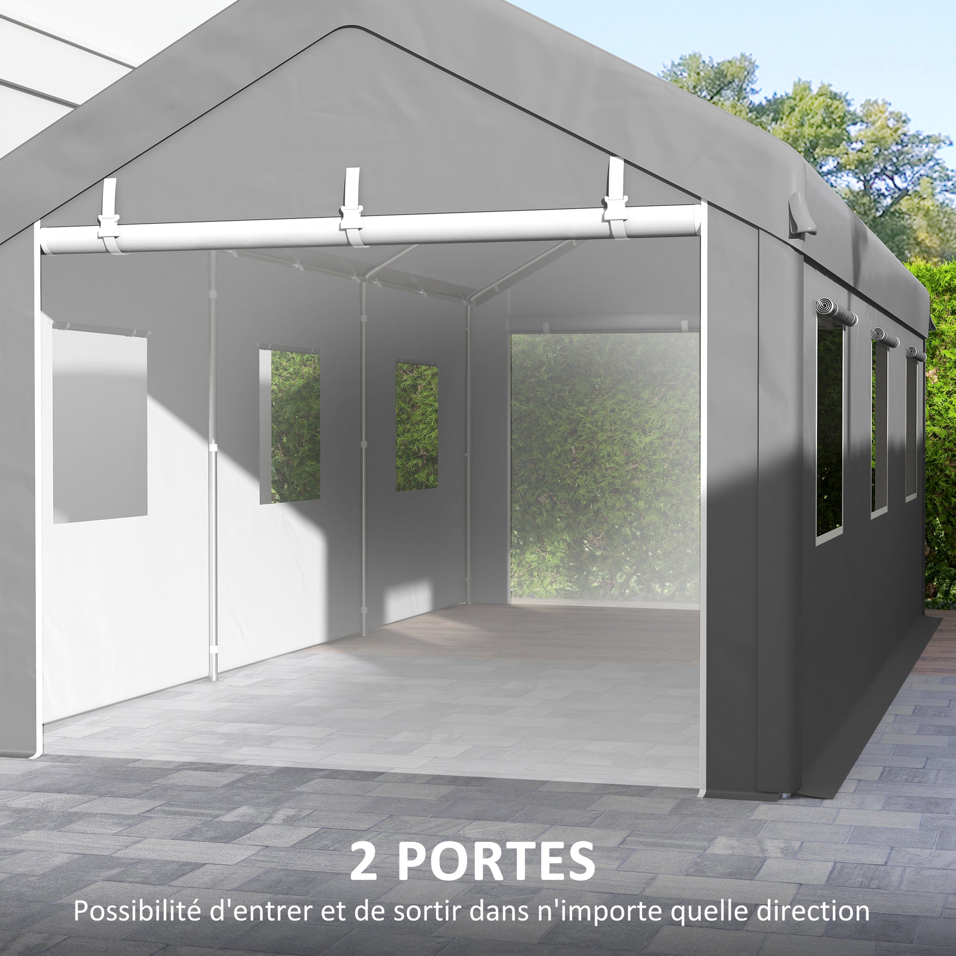 Carport Garage Tent 6L x 2.95W x 2.78H m Sturdy Galvanized Steel High-Density PE 160 g/m² Waterproof Anti-UV, 2 Roll-up Doors and 6 Windows