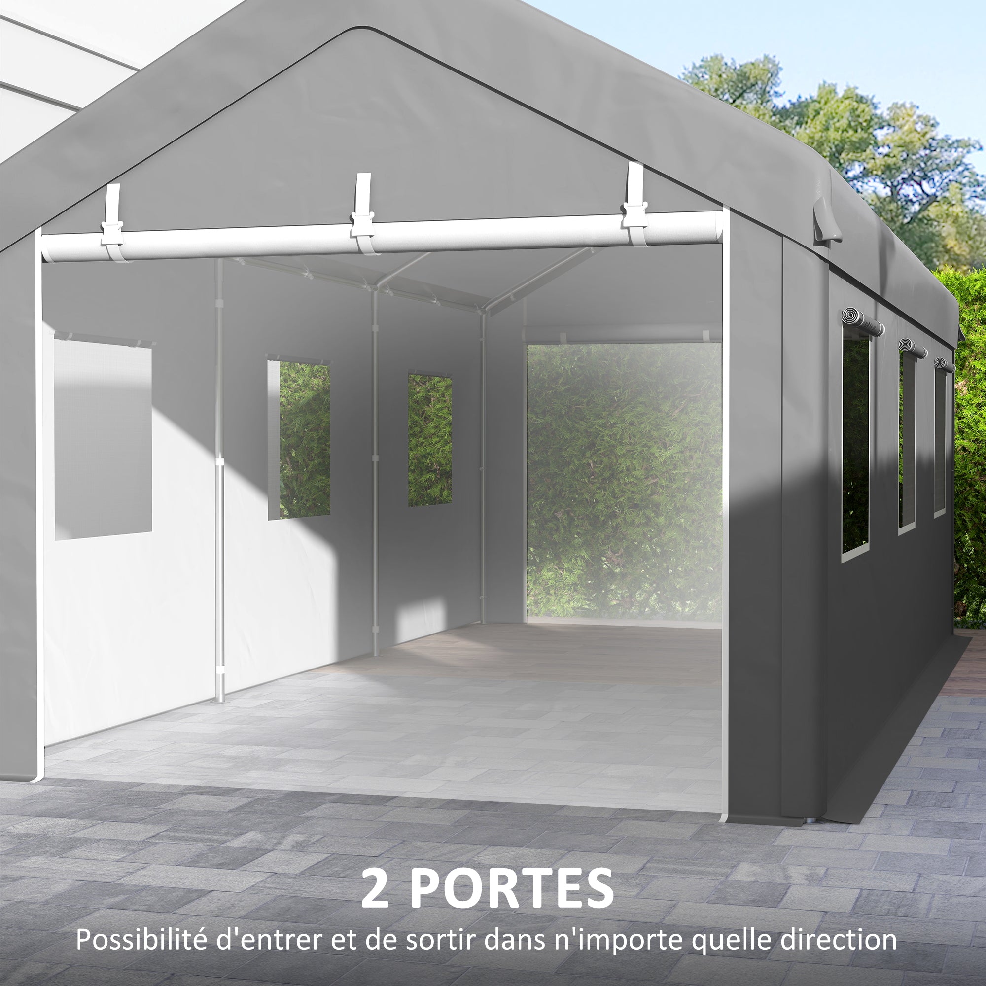 Carport Garage Tent 6L x 2.95W x 2.78H m Sturdy Galvanized Steel High-Density PE 160 g/m² Waterproof Anti-UV, 2 Roll-up Doors and 6 Windows