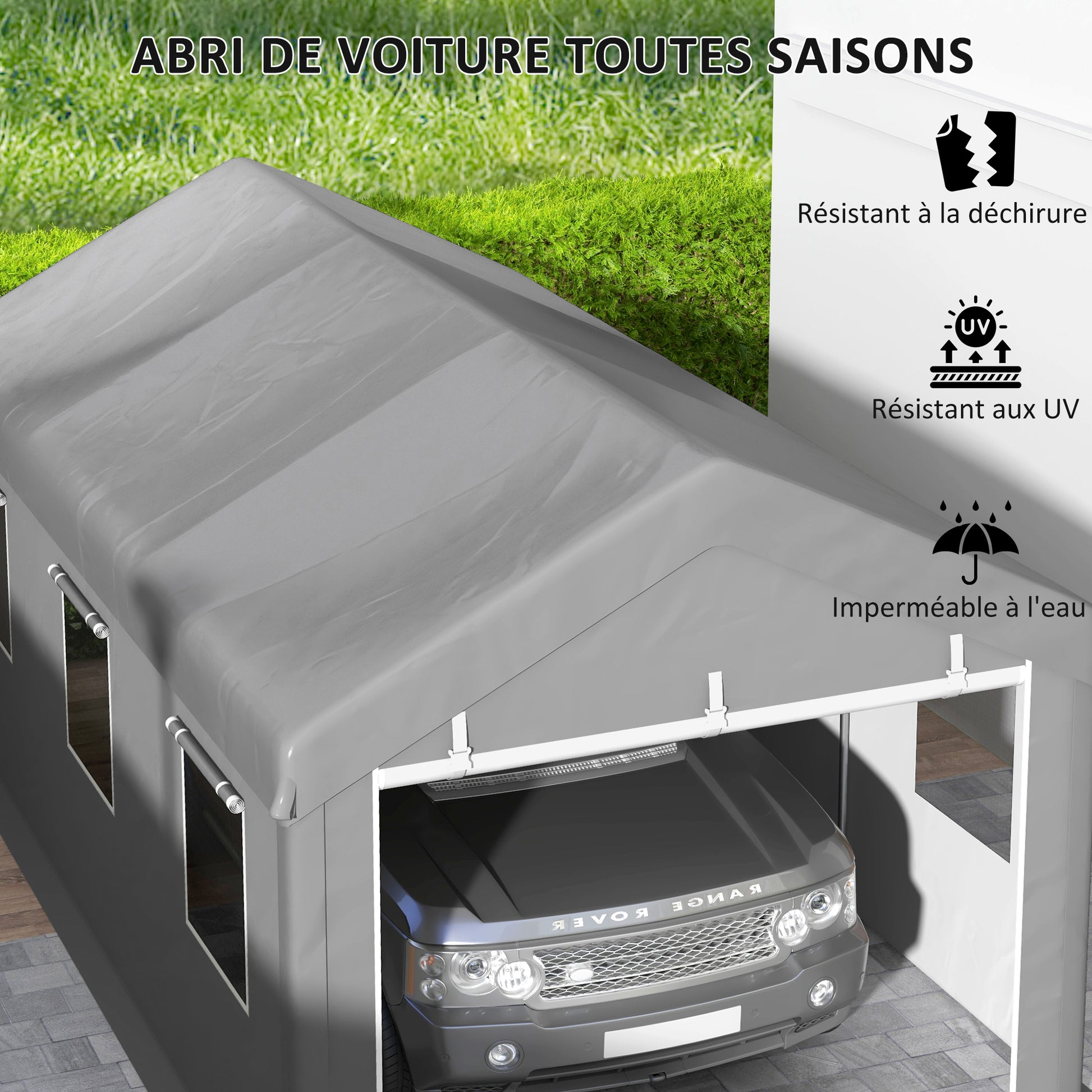 Carport Garage Tent 6L x 2.95W x 2.78H m Sturdy Galvanized Steel High-Density PE 160 g/m² Waterproof Anti-UV, 2 Roll-up Doors and 6 Windows