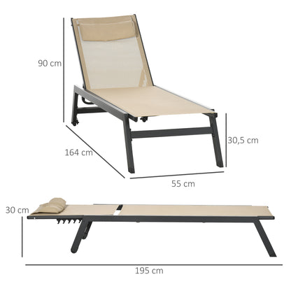 Aluminum and Textilene Sun Lounger with Wheels and Adjustable Multi-Position Reclining Backrest in Khaki