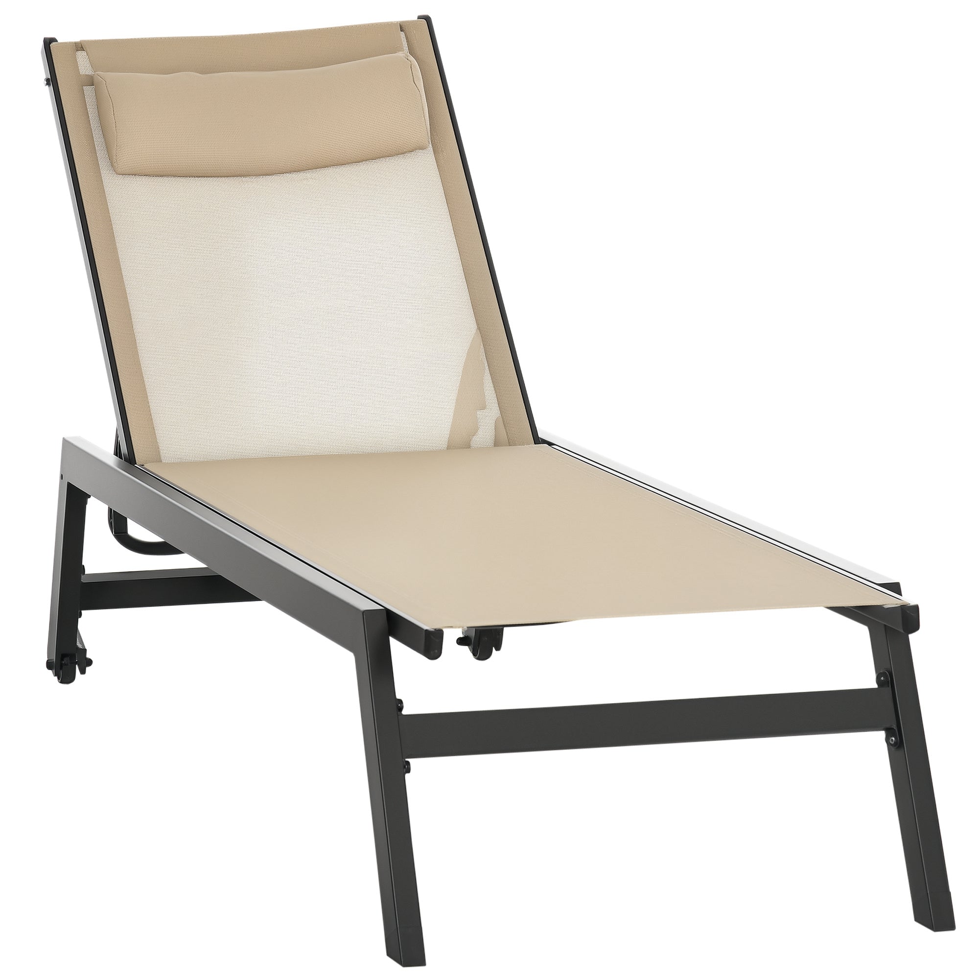 Aluminum and Textilene Sun Lounger with Wheels and Adjustable Multi-Position Reclining Backrest in Khaki