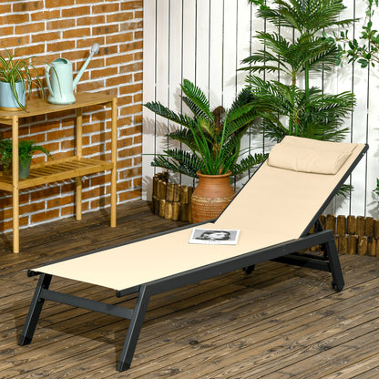 Aluminum and Textilene Sun Lounger with Wheels and Adjustable Multi-Position Reclining Backrest in Khaki