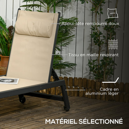 Aluminum and Textilene Sun Lounger with Wheels and Adjustable Multi-Position Reclining Backrest in Khaki