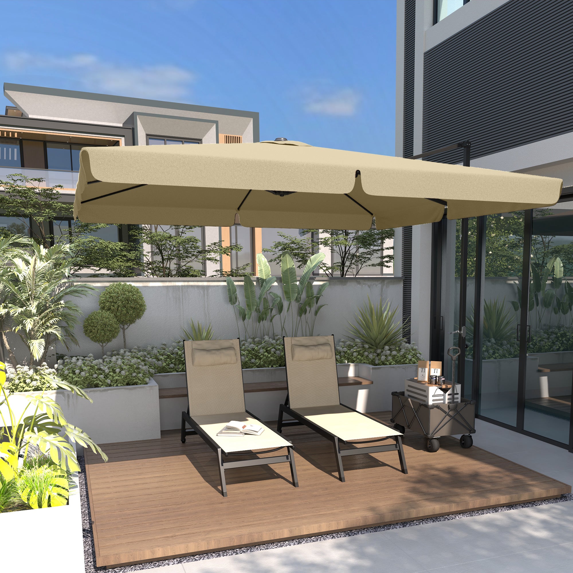 Aluminum and Textilene Sun Lounger with Wheels and Adjustable Multi-Position Reclining Backrest in Khaki