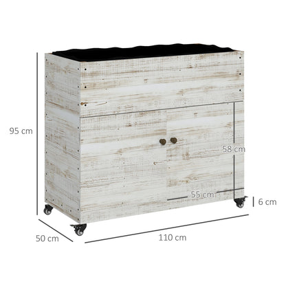 Wooden Raised Bed with Cabinet Compartment, Herb Bed with Wheels, Plant Box, Flower Box with Fleece for Garden, Balcony, 110 x 50 x 95 cm, White