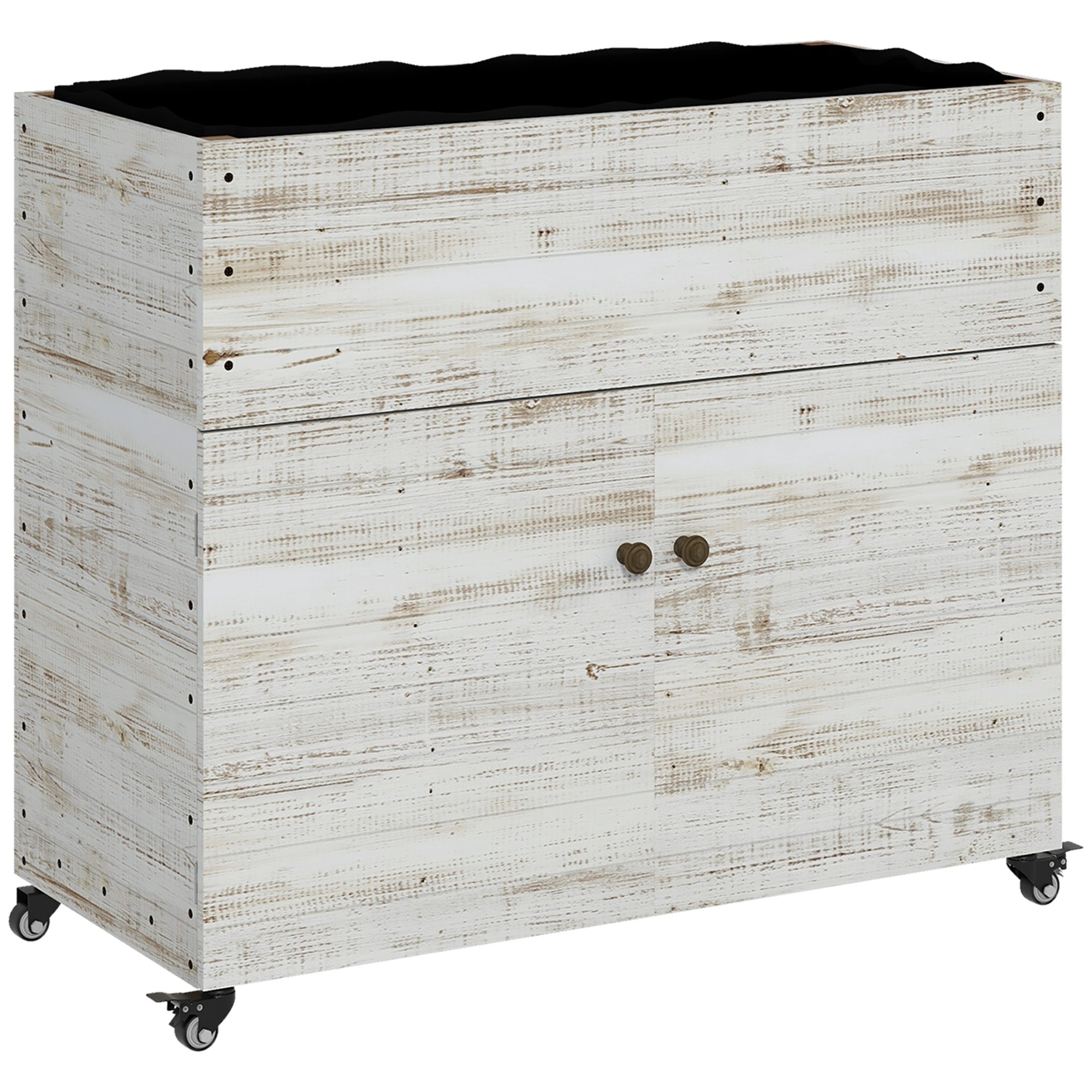 Wooden Raised Bed with Cabinet Compartment, Herb Bed with Wheels, Plant Box, Flower Box with Fleece for Garden, Balcony, 110 x 50 x 95 cm, White