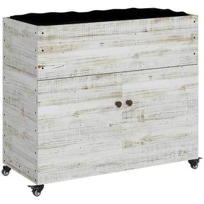 Wooden Raised Bed with Cabinet Compartment, Herb Bed with Wheels, Plant Box, Flower Box with Fleece for Garden, Balcony, 110 x 50 x 95 cm, White