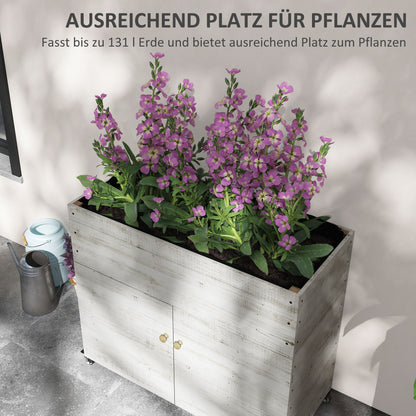 Wooden Raised Bed with Cabinet Compartment, Herb Bed with Wheels, Plant Box, Flower Box with Fleece for Garden, Balcony, 110 x 50 x 95 cm, White