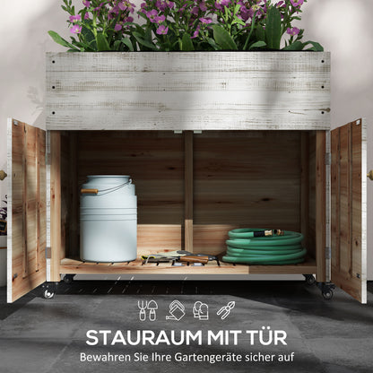 Wooden Raised Bed with Cabinet Compartment, Herb Bed with Wheels, Plant Box, Flower Box with Fleece for Garden, Balcony, 110 x 50 x 95 cm, White