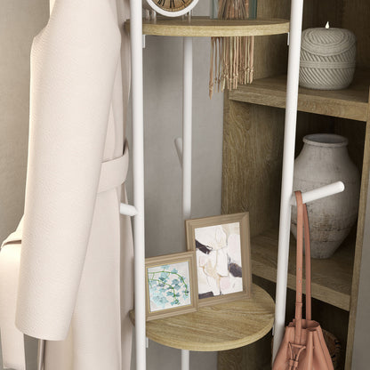 Freestanding coat rack entryway furniture in steel with 9 hooks and 2 round shelves - Ø 40 x 167 cm natural and white