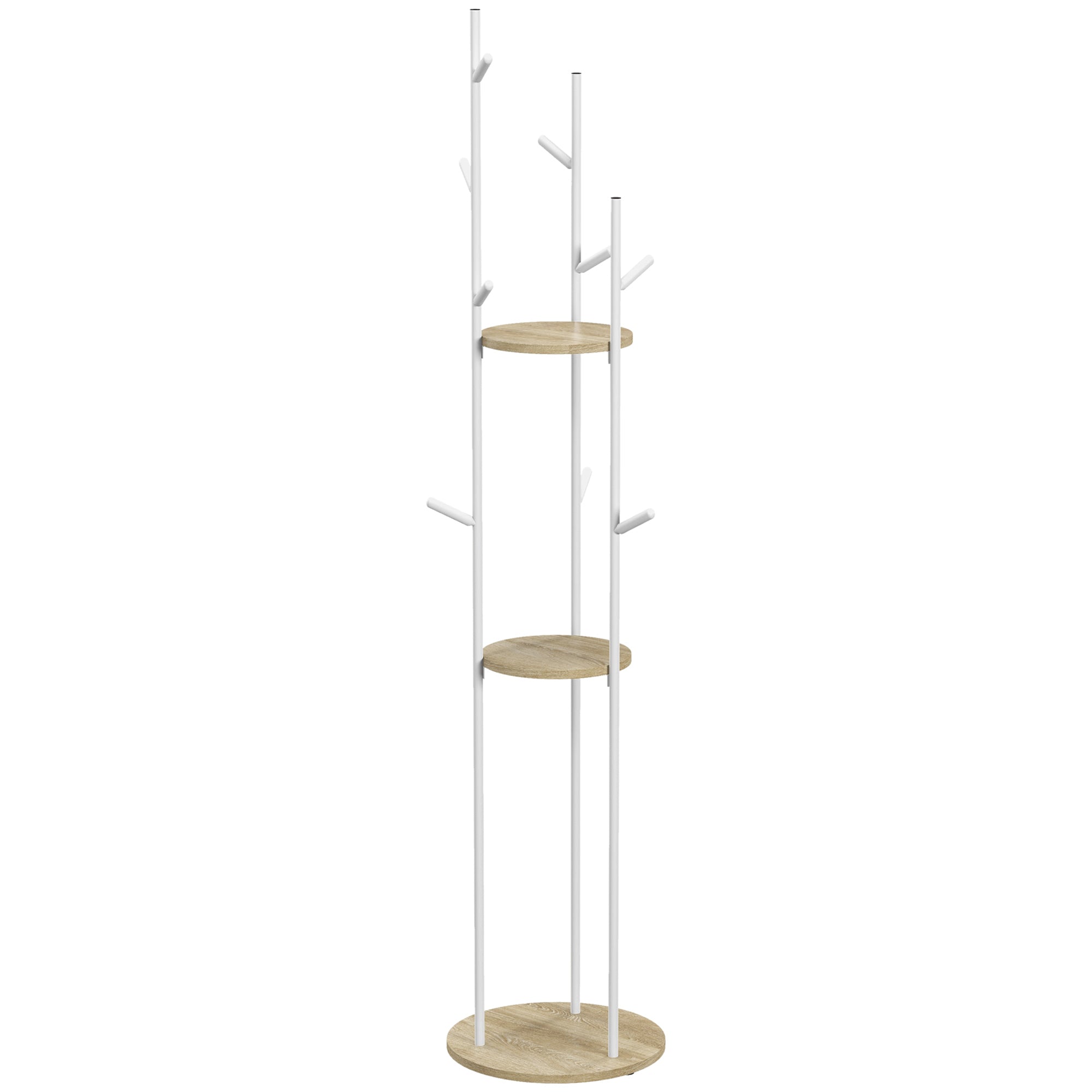 Freestanding coat rack entryway furniture in steel with 9 hooks and 2 round shelves - Ø 40 x 167 cm natural and white