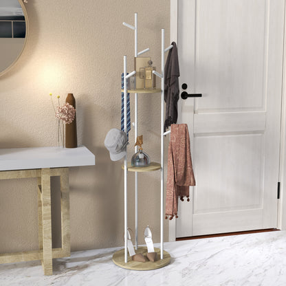 Freestanding coat rack entryway furniture in steel with 9 hooks and 2 round shelves - Ø 40 x 167 cm natural and white