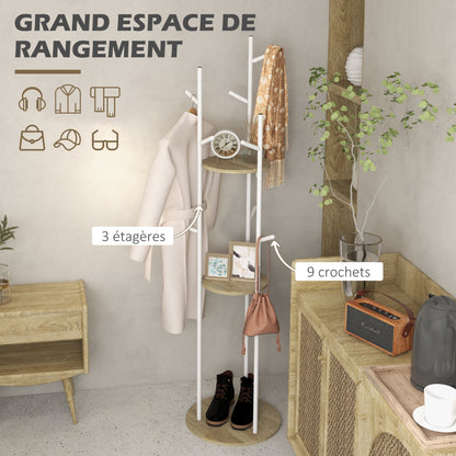 Freestanding coat rack entryway furniture in steel with 9 hooks and 2 round shelves - Ø 40 x 167 cm natural and white