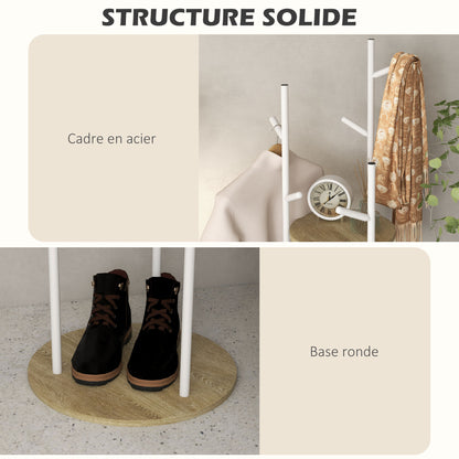 Freestanding coat rack entryway furniture in steel with 9 hooks and 2 round shelves - Ø 40 x 167 cm natural and white