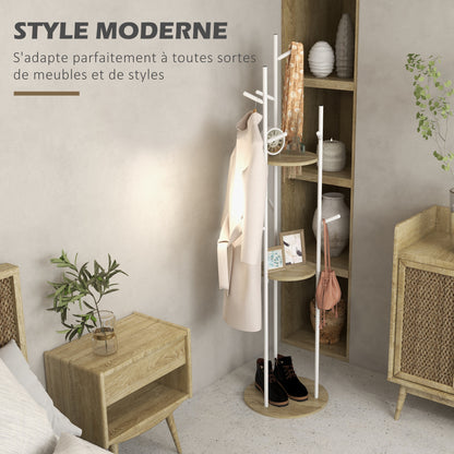 Freestanding coat rack entryway furniture in steel with 9 hooks and 2 round shelves - Ø 40 x 167 cm natural and white