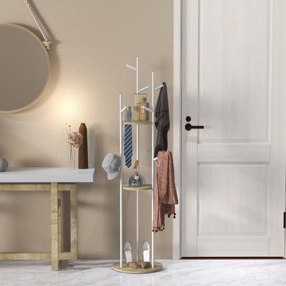 Freestanding coat rack entryway furniture in steel with 9 hooks and 2 round shelves - Ø 40 x 167 cm natural and white