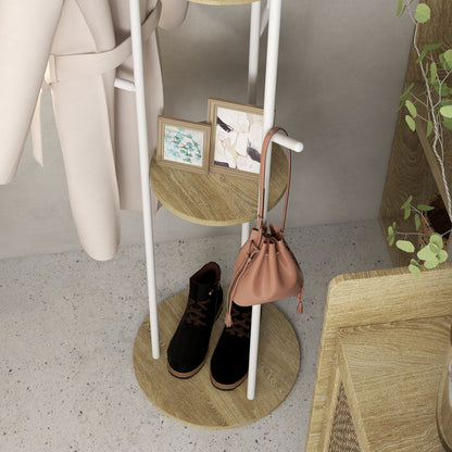 Freestanding coat rack entryway furniture in steel with 9 hooks and 2 round shelves - Ø 40 x 167 cm natural and white