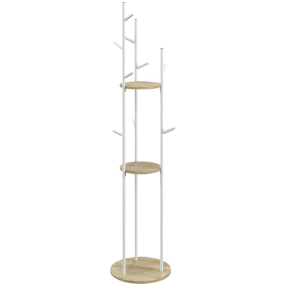 Freestanding coat rack entryway furniture in steel with 9 hooks and 2 round shelves - Ø 40 x 167 cm natural and white